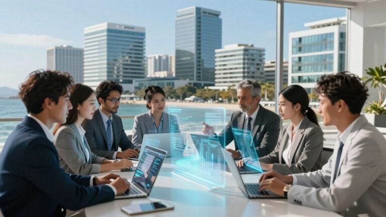 AI agency in a sunny coastal city with professionals.