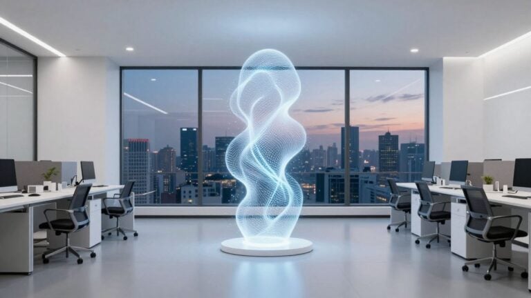 AI operations light sculpture in modern office.