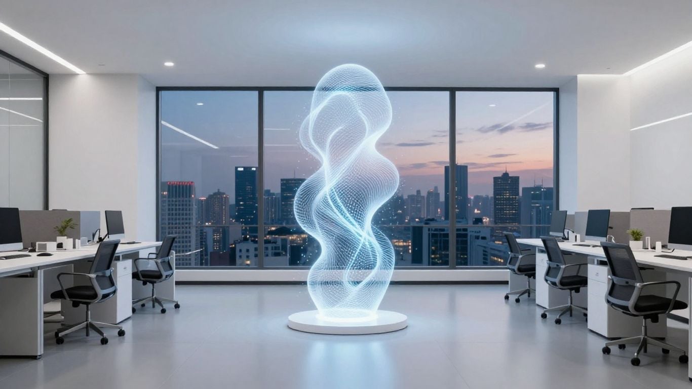 AI operations light sculpture in modern office.