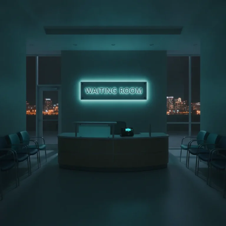 Empty clinic reception desk at night with a softly glowing phone and teal lighting