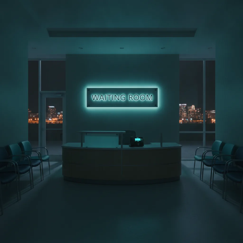 Empty clinic reception desk at night with a softly glowing phone and teal lighting