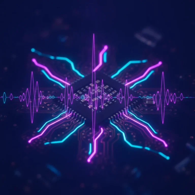 Macro of a circuit board with glowing blue and violet light trails