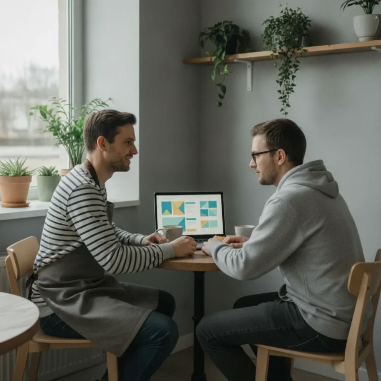 Cafe owner and a web developer talking over an open laptop