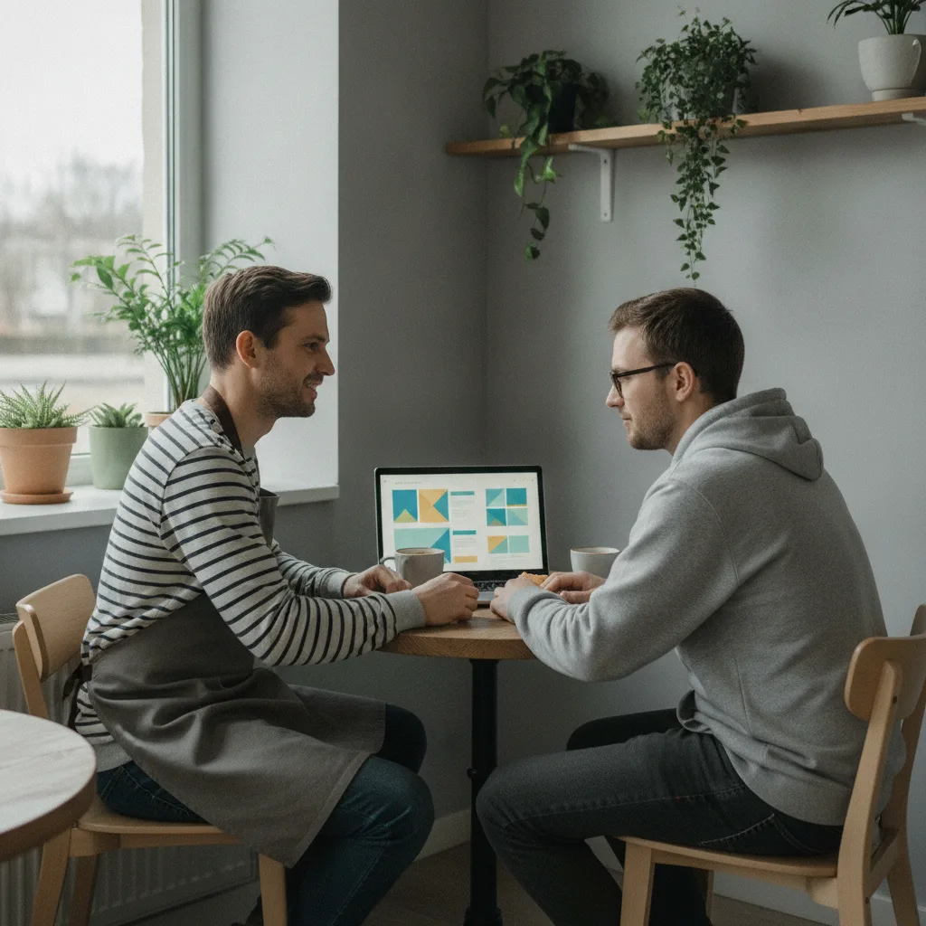 Cafe owner and a web developer talking over an open laptop