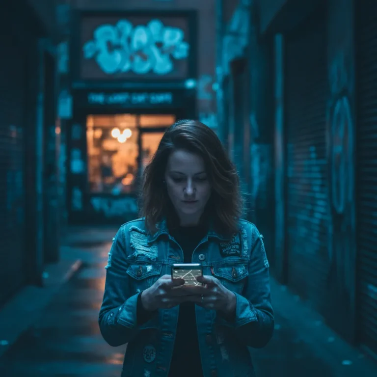 Woman searching on her phone in a Melbourne laneway at dusk, lit by the screen glow
