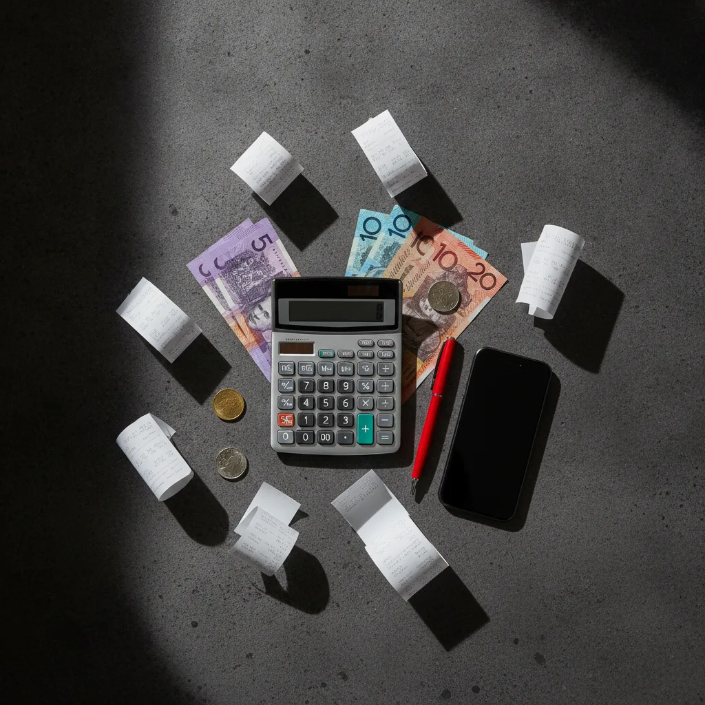 Flat-lay of calculator, receipts, cash and a pen on dark concrete