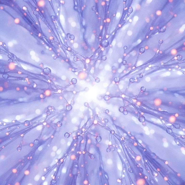 Abstract glowing network nodes and light threads converging on a single bright point