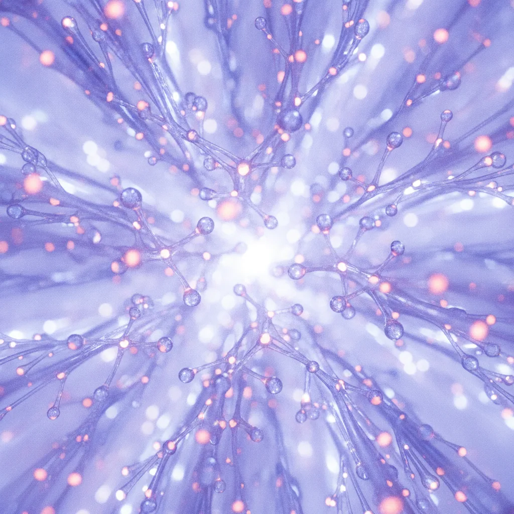 Abstract glowing network nodes and light threads converging on a single bright point