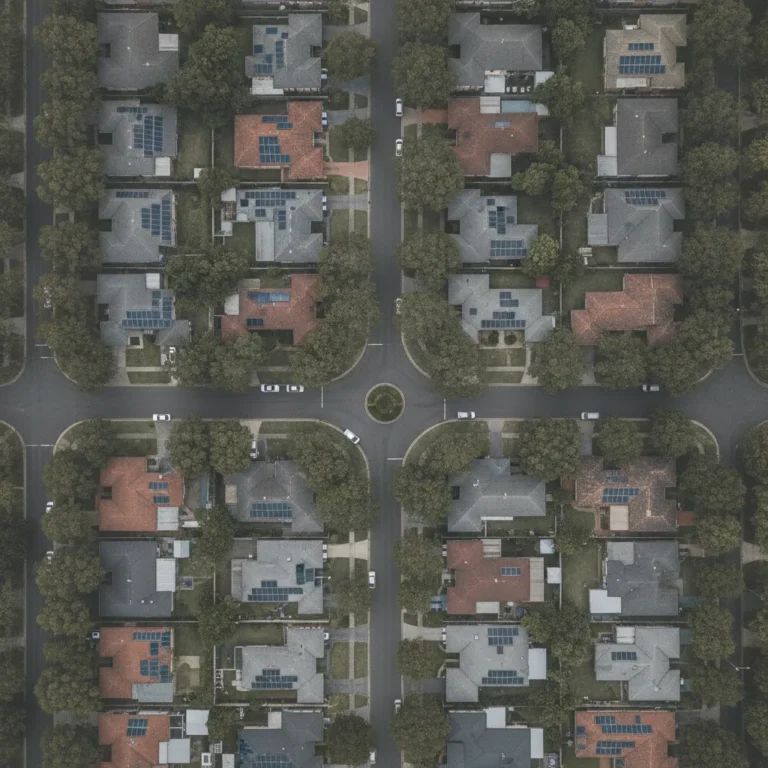 Aerial view of an Australian suburb with rooftops, solar panels and streets under overcast sky