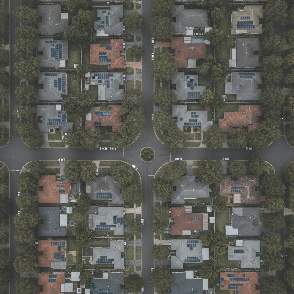 Aerial view of an Australian suburb with rooftops, solar panels and streets under overcast sky