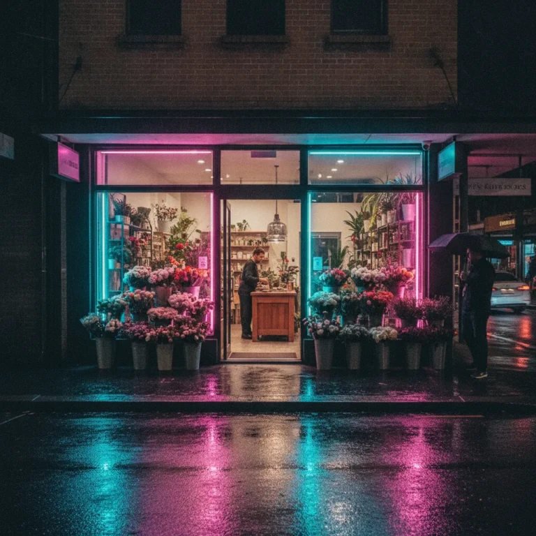 Florist shopfront glowing with pink and teal neon light on a wet city street at night