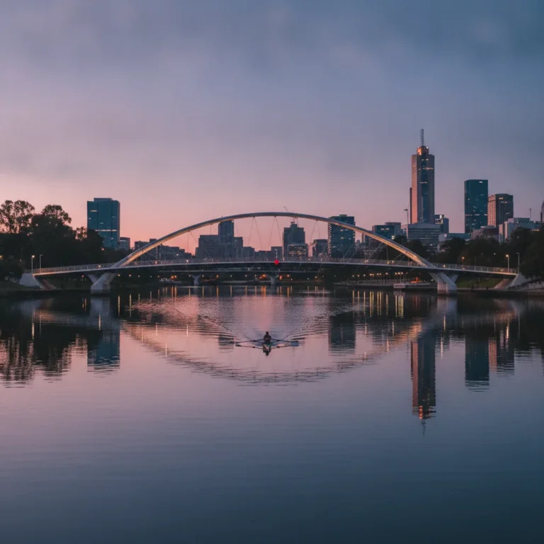 Adelaide skyline and footbridge reflected in the River Torrens at dusk