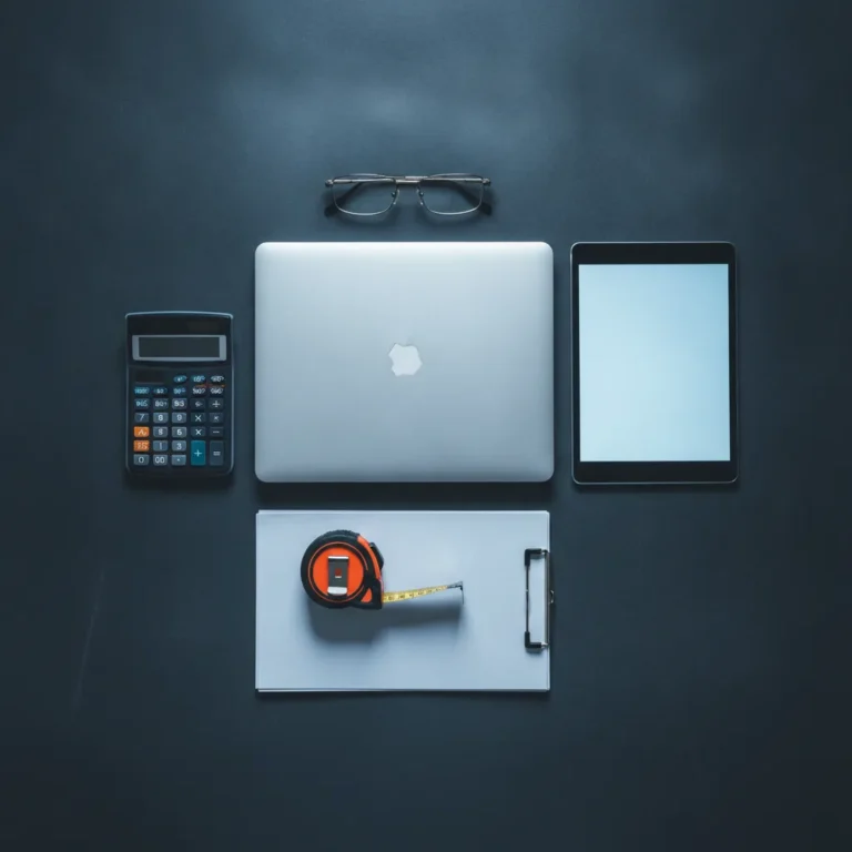 Flat-lay of a calculator, tablet, laptop and blank quote sheets on a grey bench