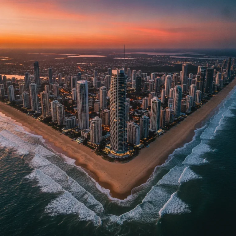 Aerial view of Gold Coast towers and beach at sunset