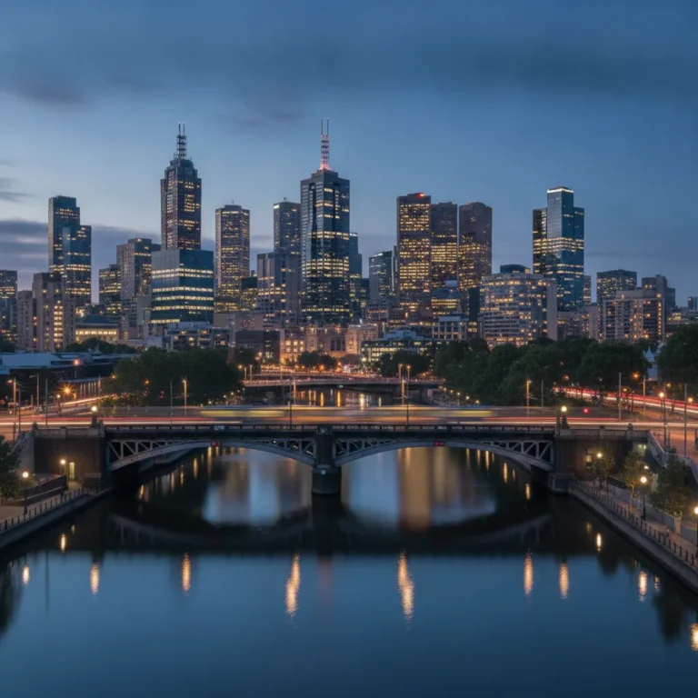 Melbourne city skyline across the Yarra River at blue dusk with glowing towers