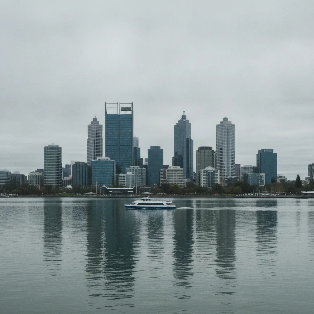 Perth skyline across the Swan River under an overcast grey sky