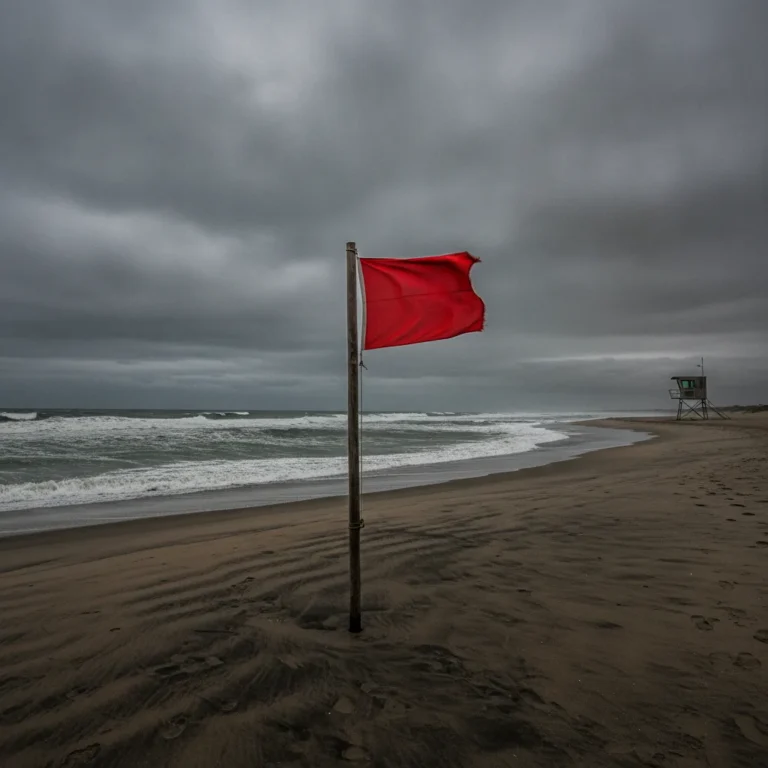 Red warning flag on a stormy Australian beach with a distant lifesaver tower