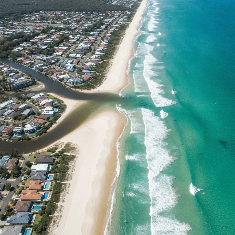 Aerial view of Sunshine Coast beach, river mouth and suburban rooftops