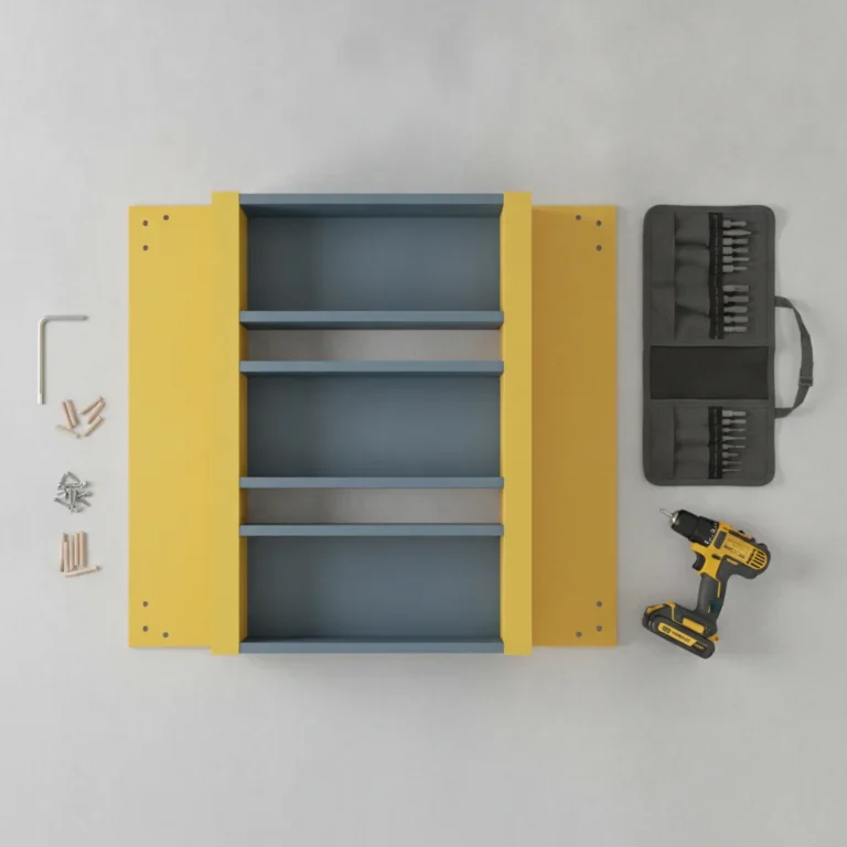 Overhead view of flat-pack parts and screws beside a neat professional tool kit