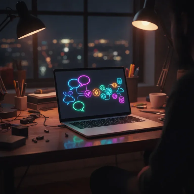 Laptop screen glowing with abstract chat bubbles and workflow icons in neon light