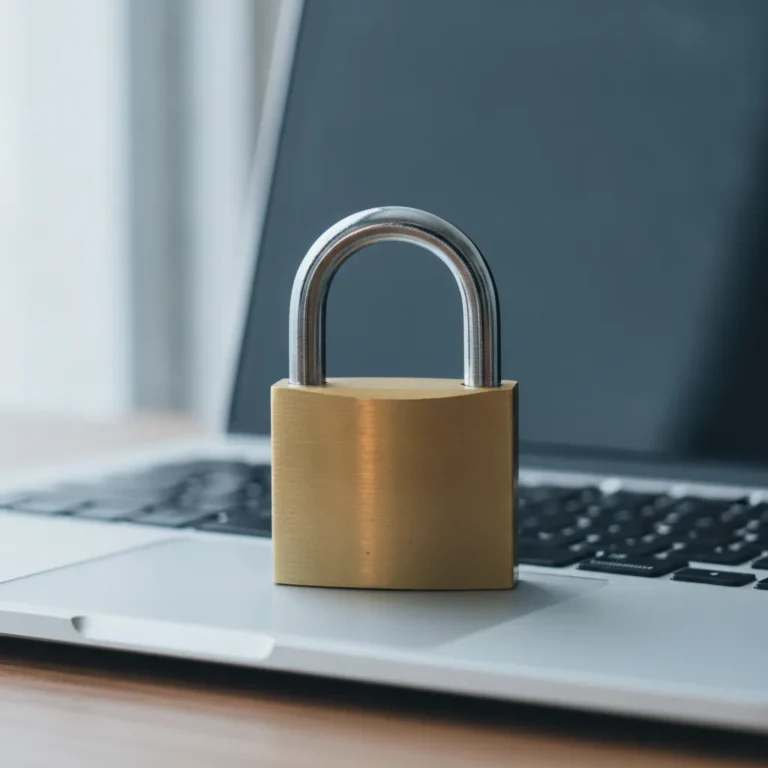 Close-up of a brass padlock resting on a laptop keyboard in cool light