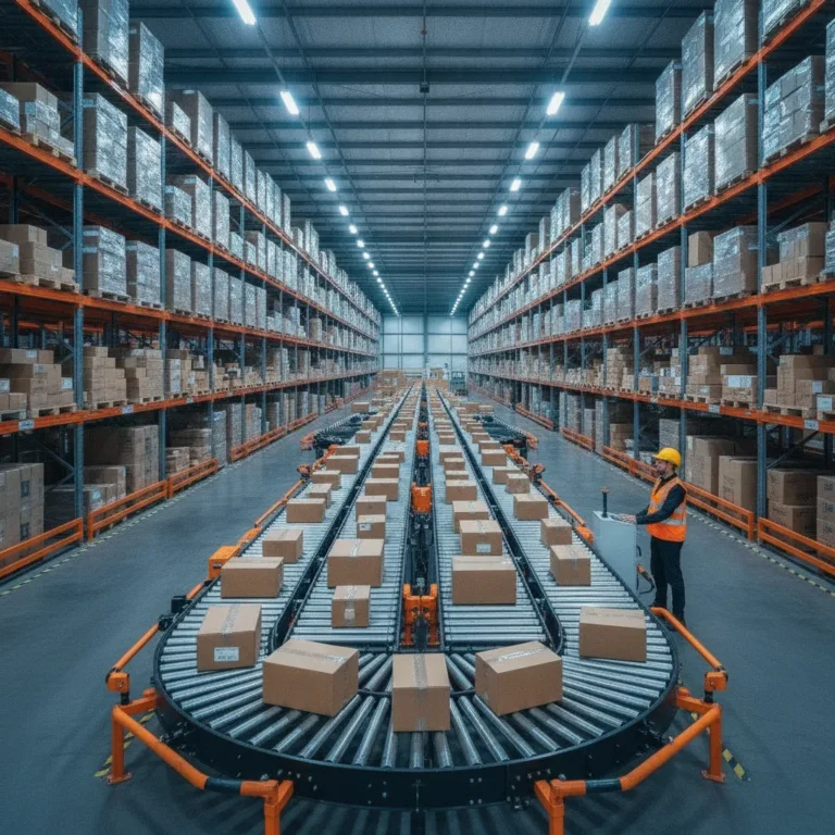Parcels travel along a conveyor in a tidy warehouse while a worker in hi-vis watches