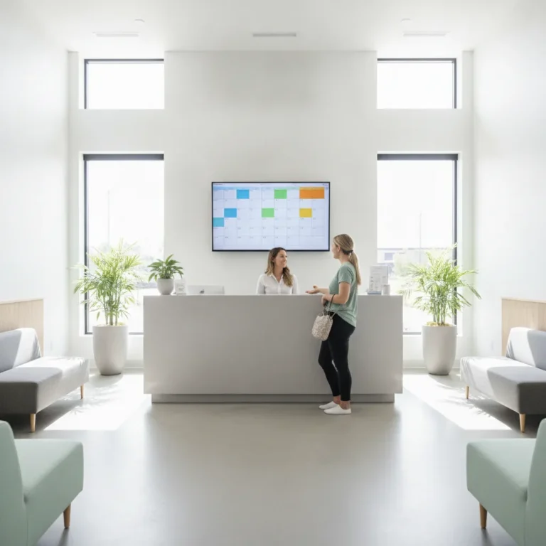 Physio clinic reception with a receptionist, patient and a colour-coded booking calendar
