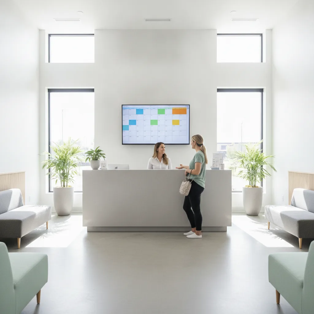 Physio clinic reception with a receptionist, patient and a colour-coded booking calendar