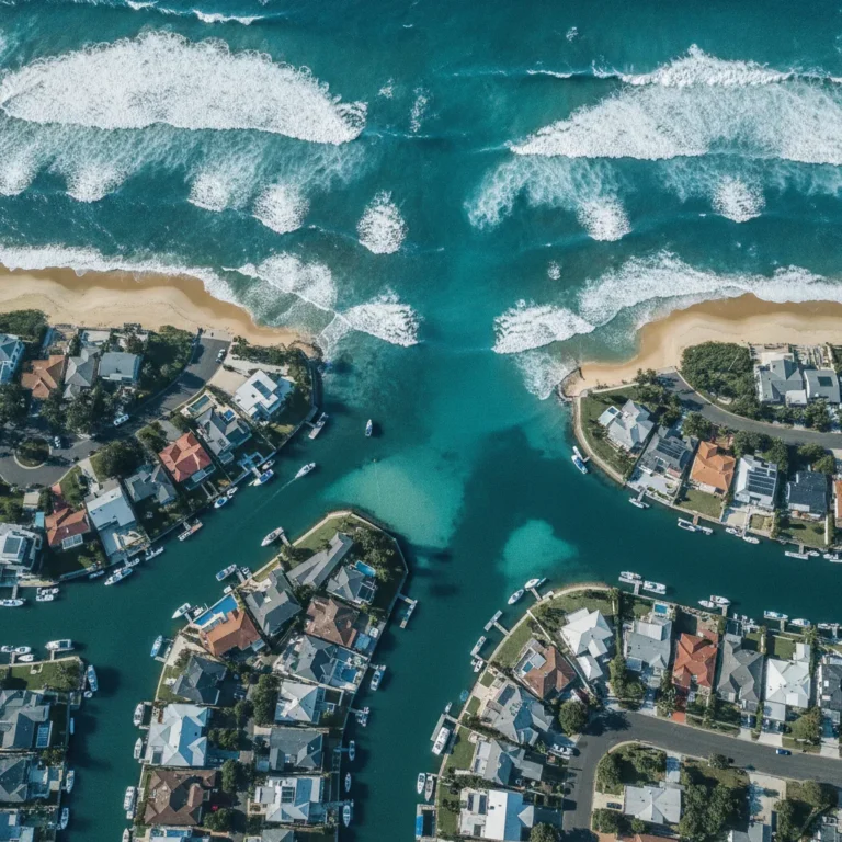 Aerial view of Gold Coast canals, rooftops and turquoise water