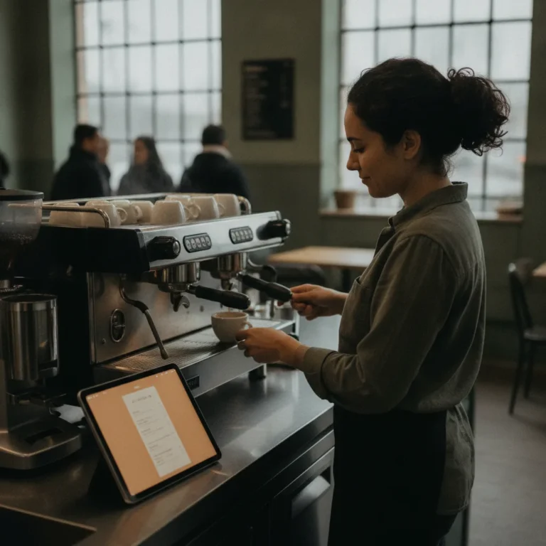 Cafe owner making coffee at the counter with a glowing tablet beside her on an overcast morning