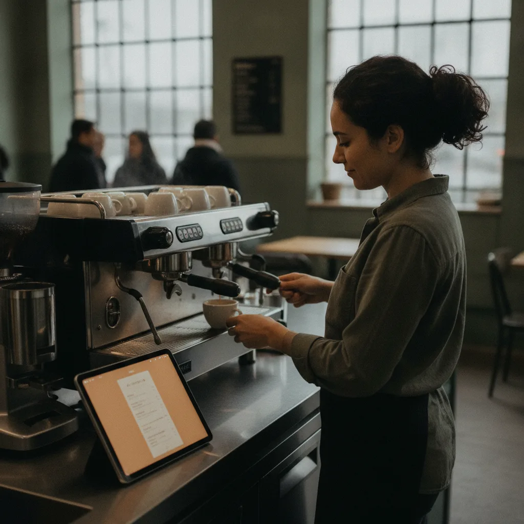 Cafe owner making coffee at the counter with a glowing tablet beside her on an overcast morning