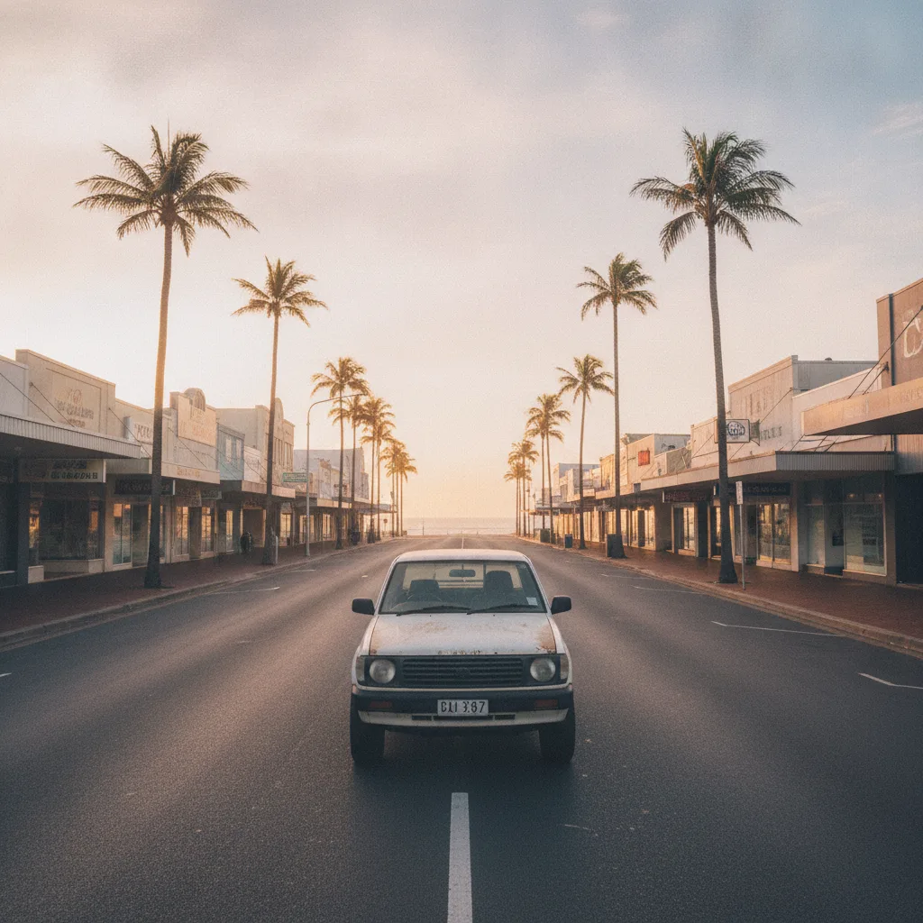 White ute parked on a quiet coastal main street at sunrise with palm trees and the ocean beyond