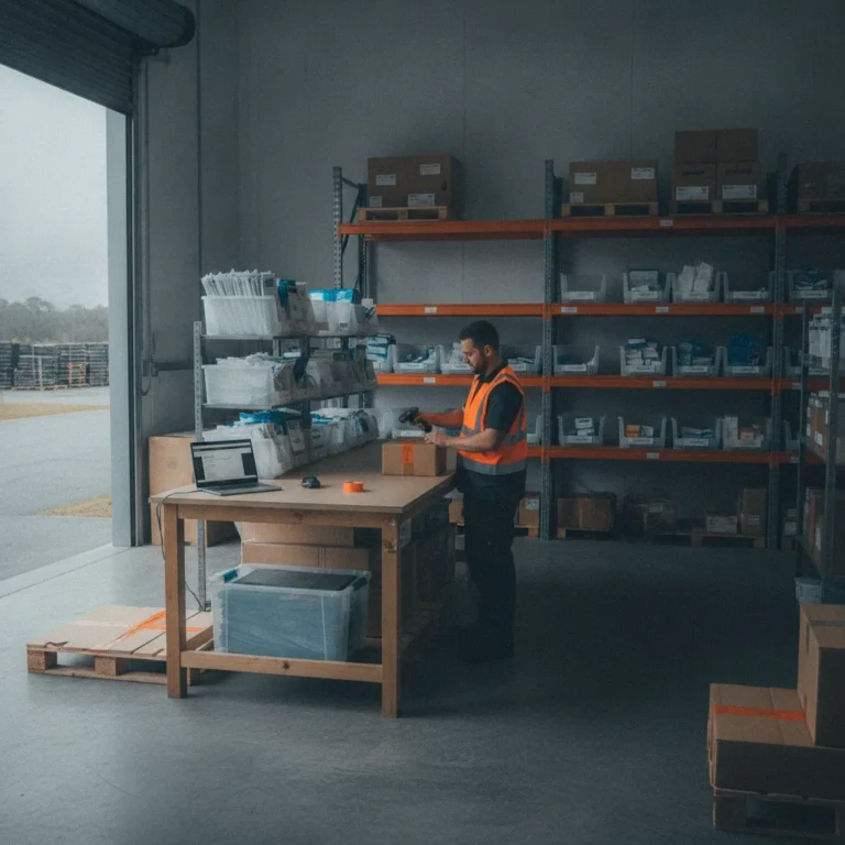 Worker scanning a parcel at a packing bench in a bright warehouse