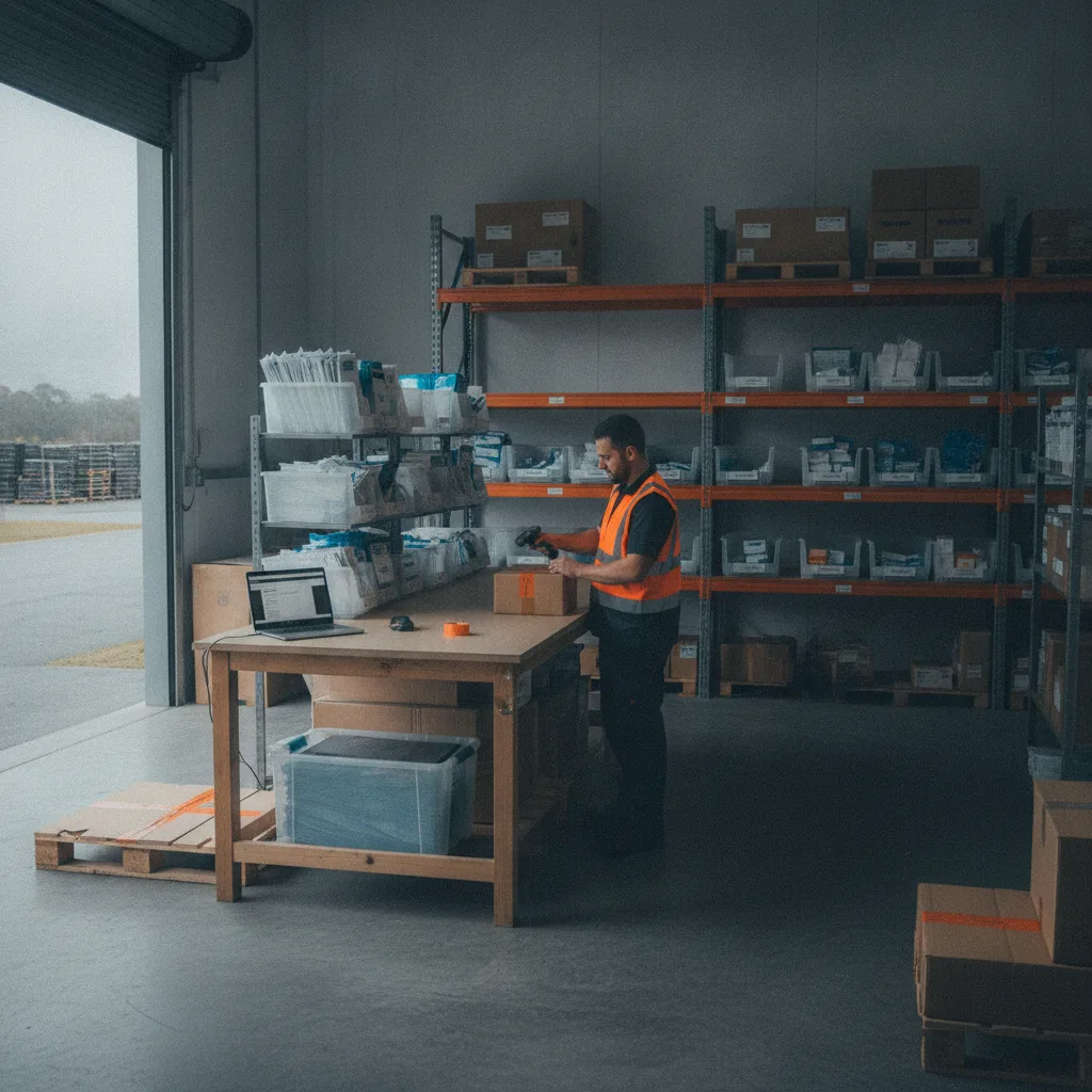 Worker scanning a parcel at a packing bench in a bright warehouse