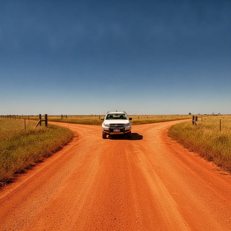 White ute stopped at a fork between two red dirt roads under a bright blue sky