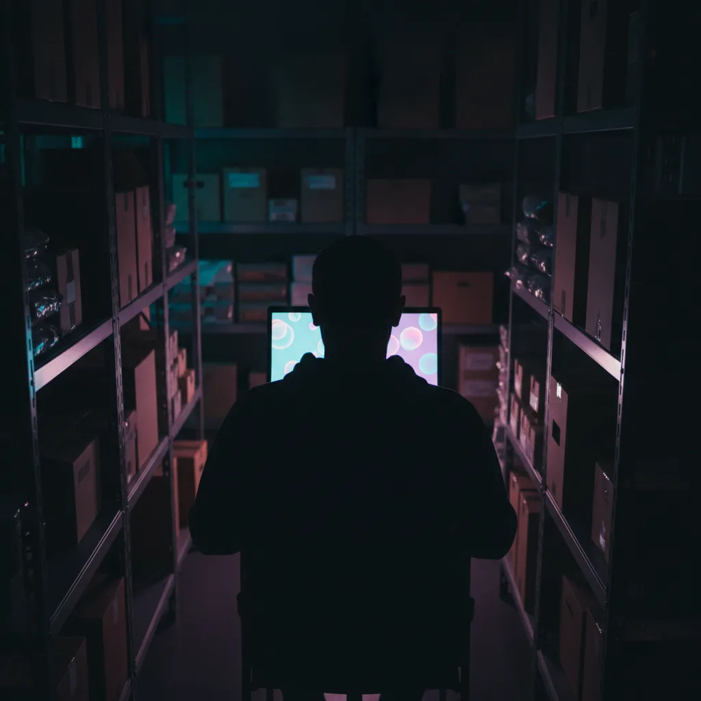 Shop owner at night looking at a glowing laptop with abstract chat bubbles in a dark stockroom
