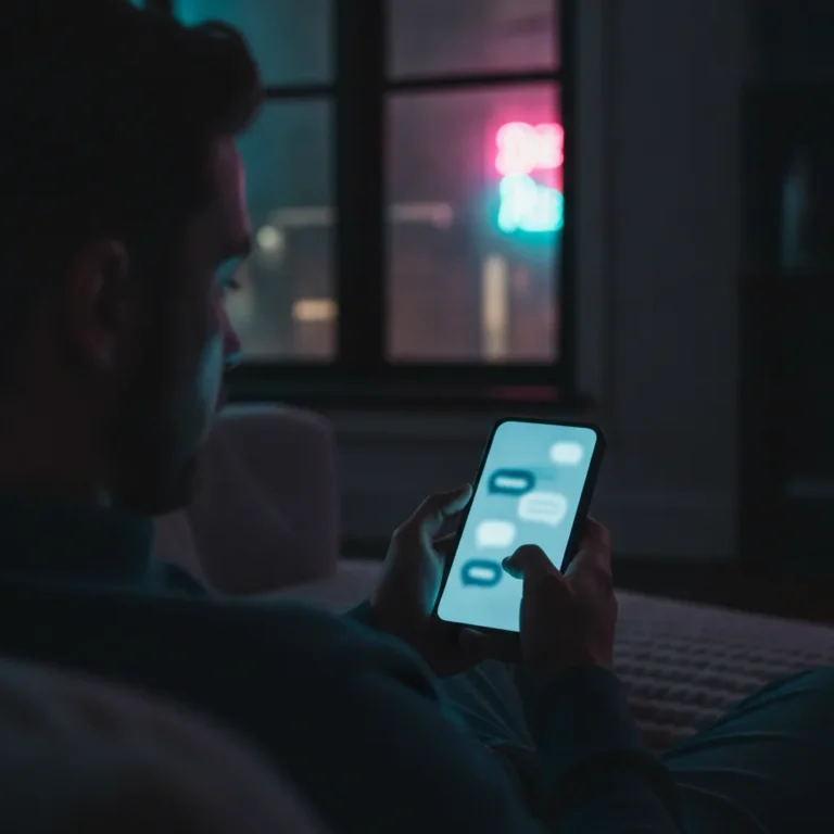 Person on a couch at night holds a glowing phone in a dark room with neon light outside