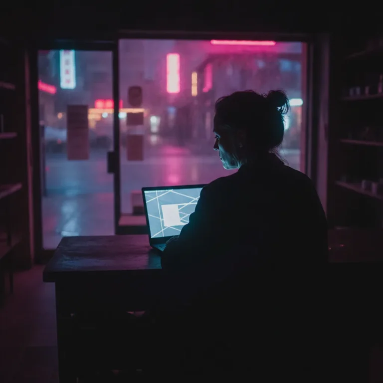 Shop owner at a glowing laptop in a dark shopfront at night with neon light outside