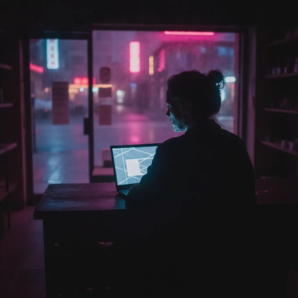 Shop owner at a glowing laptop in a dark shopfront at night with neon light outside