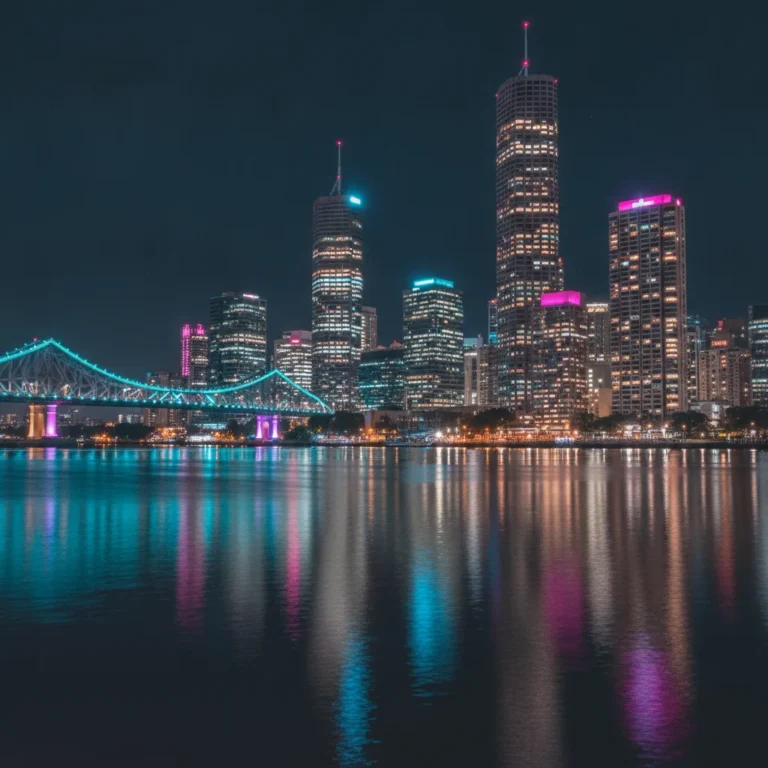 Brisbane CBD skyline at night with lit towers and a bridge reflected in the river