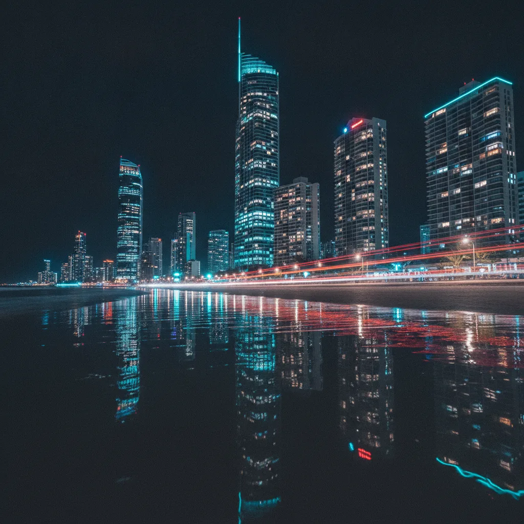 Gold Coast high-rise skyline at night with light trails and neon reflections on wet sand