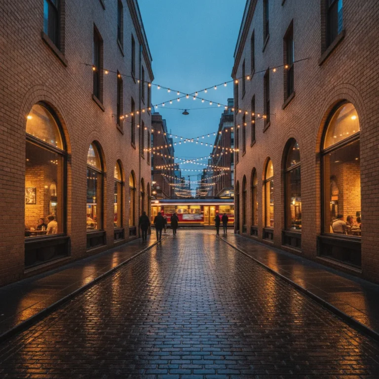 Melbourne laneway at blue dusk with lit cafe windows and a tram at the end