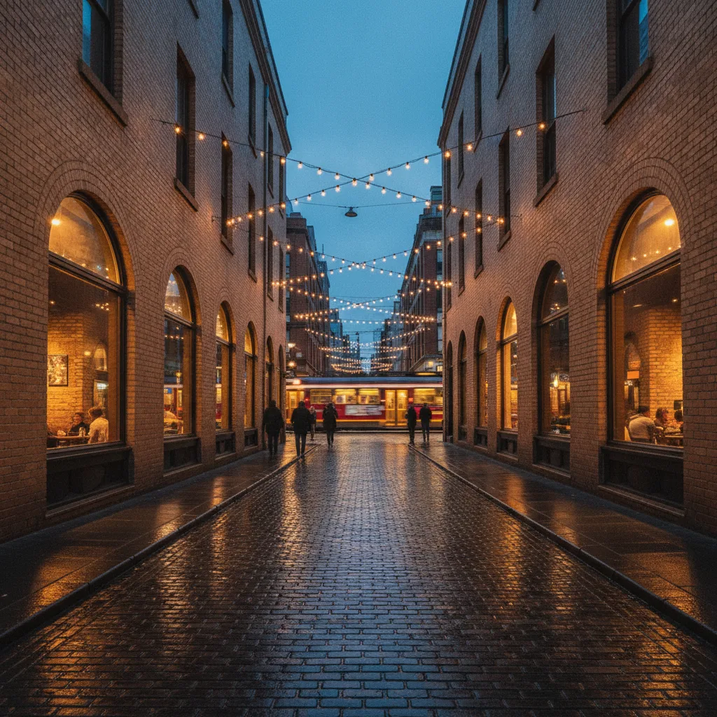 Melbourne laneway at blue dusk with lit cafe windows and a tram at the end