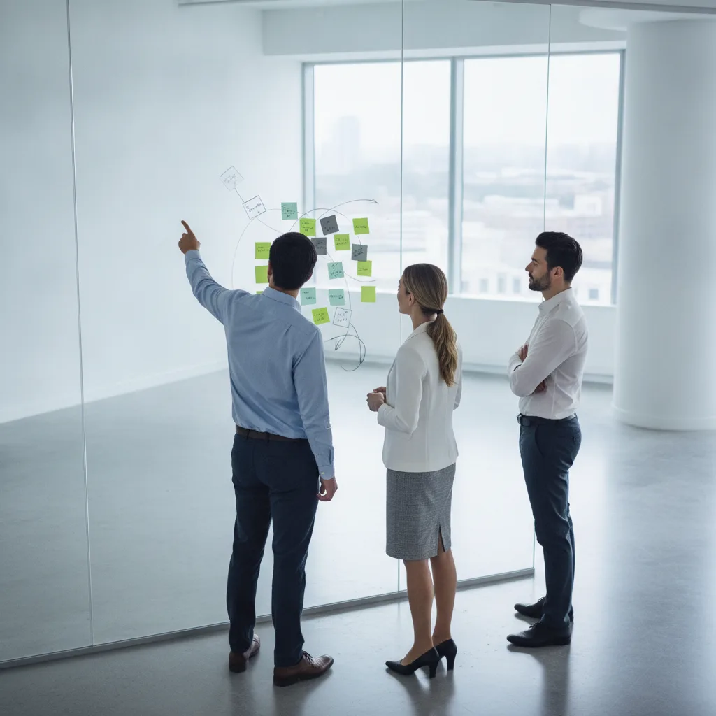 Colleagues planning at a glass wall with coloured sticky notes in a modern office