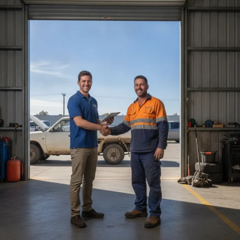 Consultant and workshop owner shaking hands at a roller door in bright sunlight