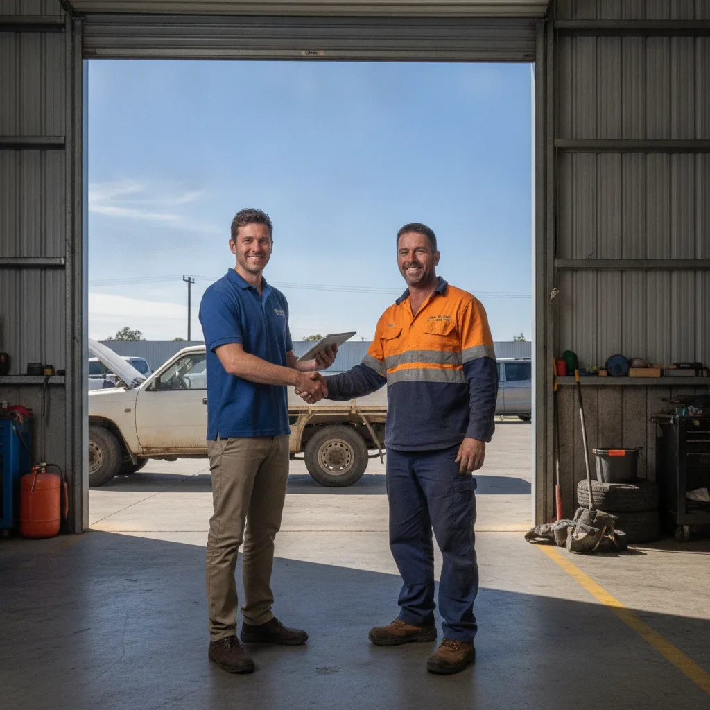 Consultant and workshop owner shaking hands at a roller door in bright sunlight