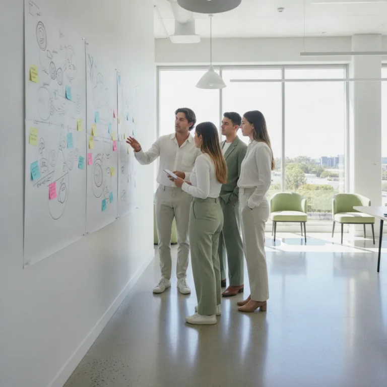 A small team stands around a whiteboard in a bright modern office discussing a plan