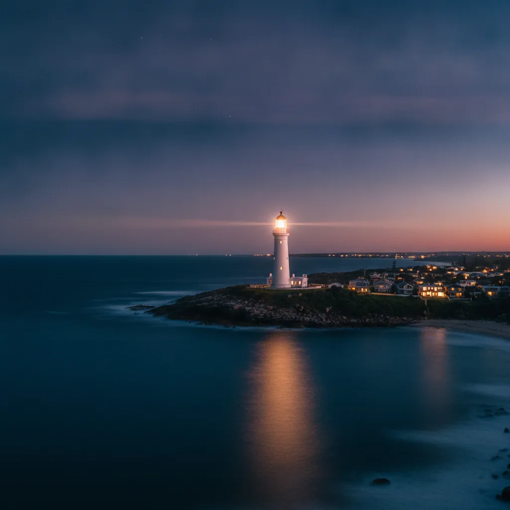 Lighthouse on a coastal headland at dusk with its beam sweeping over the dark ocean