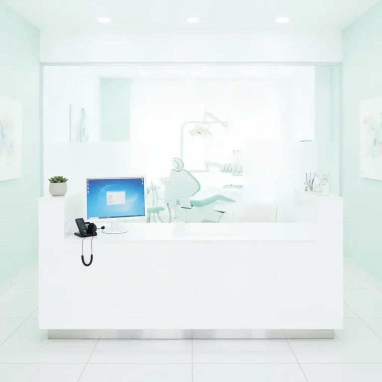 Empty bright dental clinic reception desk with headset and treatment room behind glass
