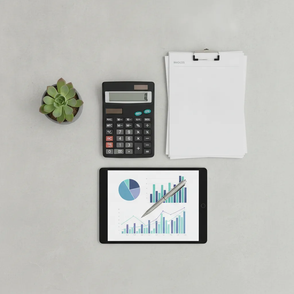 Flat-lay of calculator, invoices and tablet with charts on a concrete surface